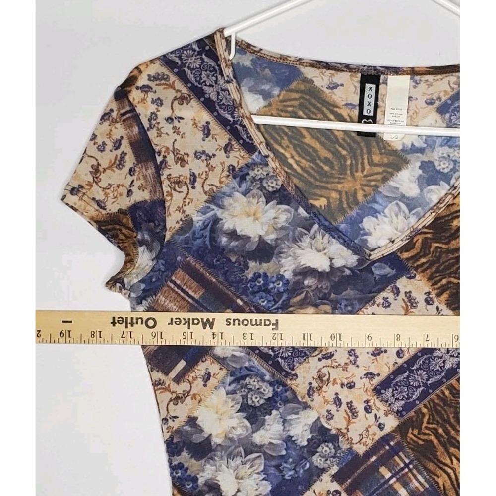 XOXO Nylon Mesh Patchwork Floral Lettuce Hem Top Juniors Large 90s Indie Grunge - Picture 4 of 8